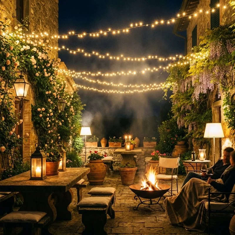 Terrasse éclairée le soir