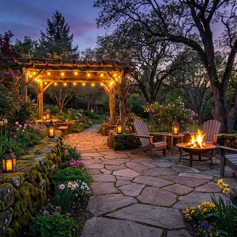 Jardin avec luminaires extérieurs